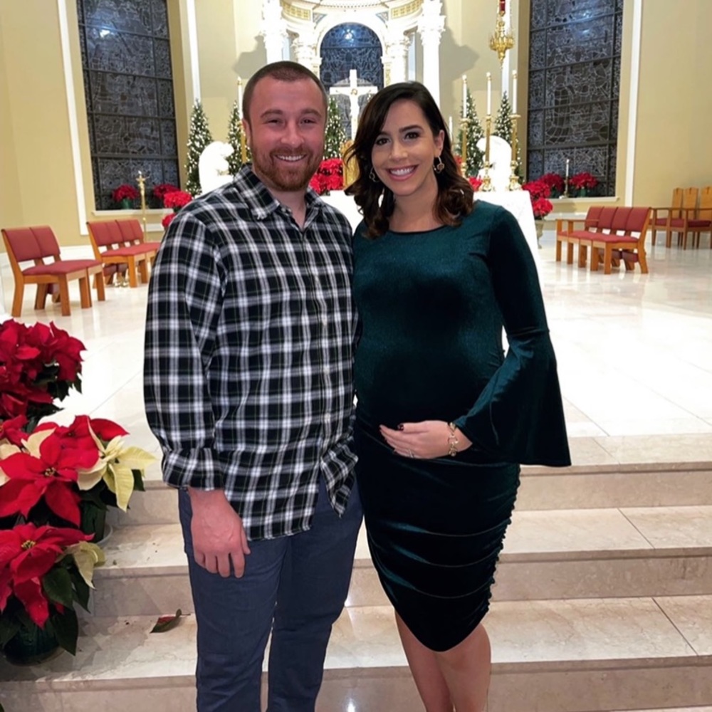 Pink blush forest green velvet maternity dress-wore once